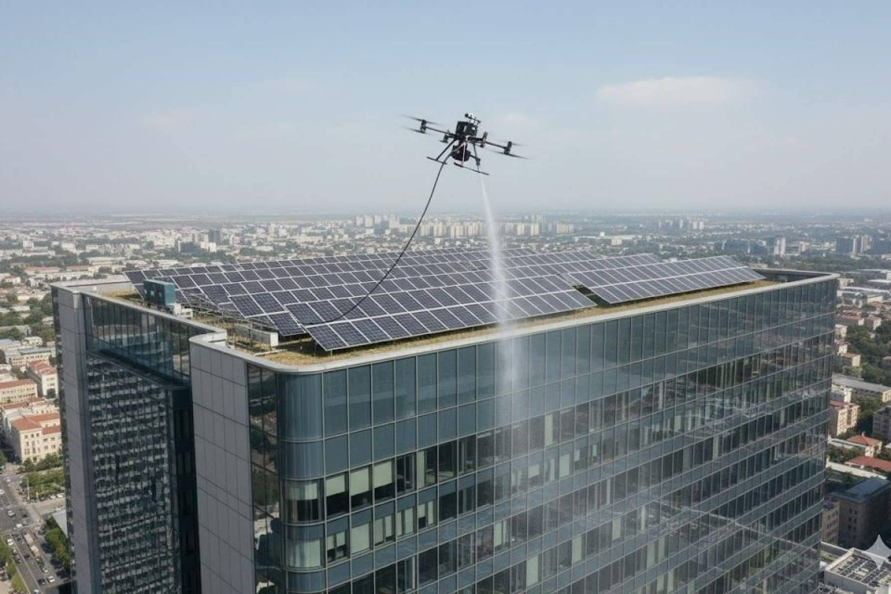 Fachadas, cristales y placas solares impecables gracias a la limpieza con drones de Galvañ Lacados
